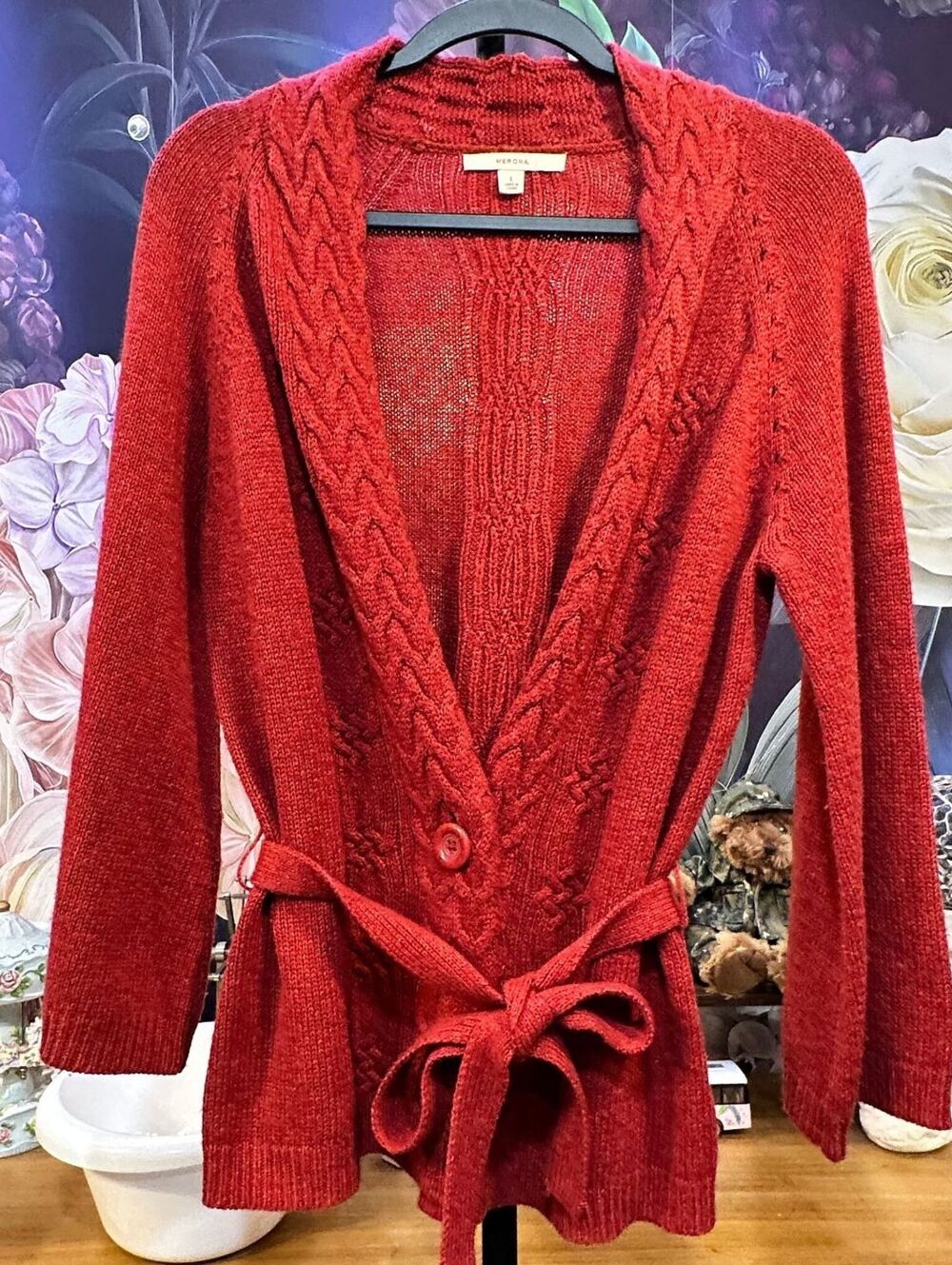 Merona L Wool Blend Cable Knit Belted Cardigan Long Sleeve Cottagecore Sweater